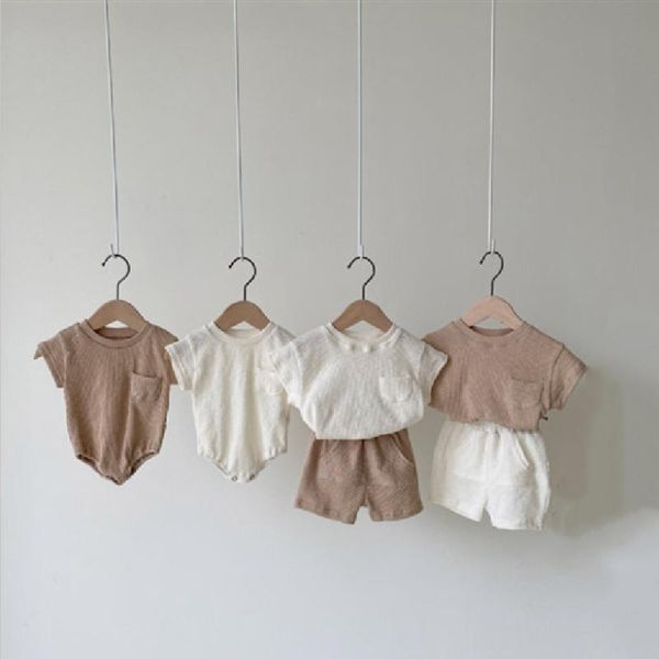 

clothing sets baby boys clothes t-shirt ribbed summer born and shorts overalls set infant romper cotton girl sunsuit, White