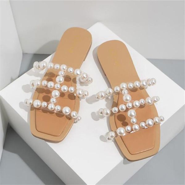 

slippers 2021 summer cool outside designer shoes nude pvc pearl slipper women fairy flat sandals female, Black