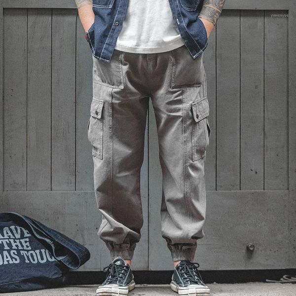 

pants men american retro loose multi-pocket overalls solid color drawstring waist trousers jogging pleated men's, Black