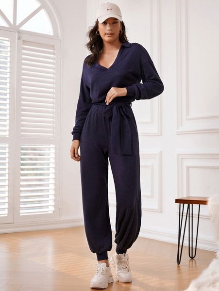 

drop shoulder belted sweatshirt jumpsuit c4nn#, White