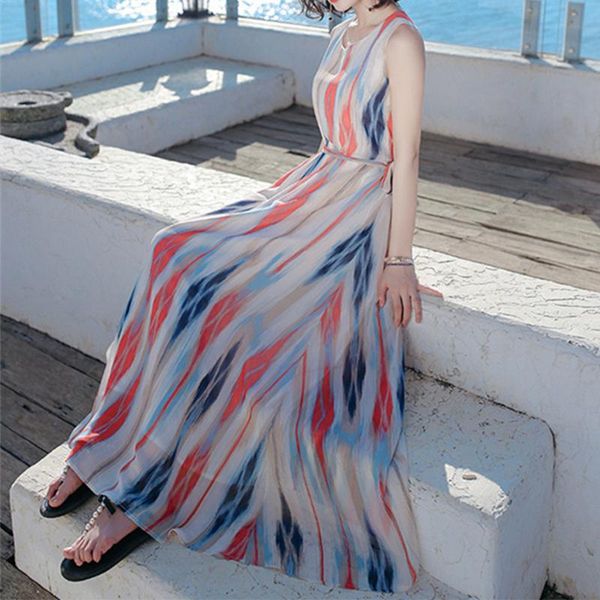 

women's swimwear 2021 summer tie-dye striped female bohemian long dresses casual loose sleeveless chiffon dress women elegant holiday b, White;black