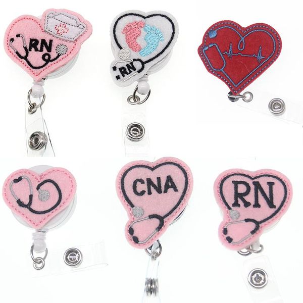 

pins, brooches pink heart shape rn badge reel retractable felt cna stethoscope exihibiton id name card holder gifts, Gray