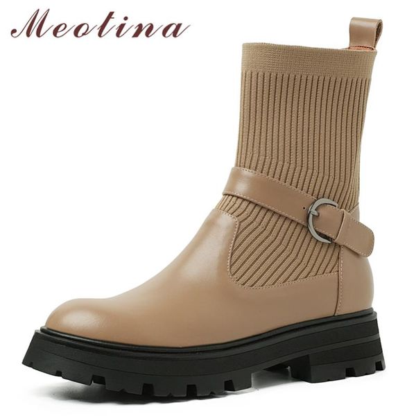

boots meotina women genuine leather ankle platform thick heel shoes round toe med ladies short 2021 autumn apricot 39, Black