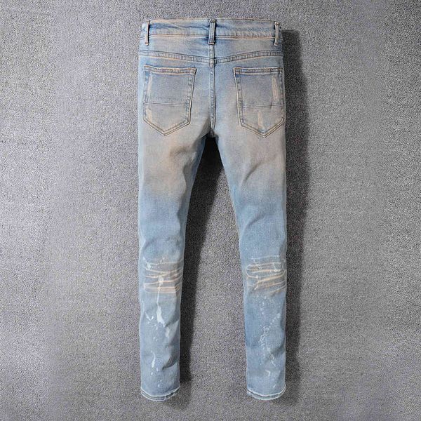 

men's jeans vintage holes rivet patch slim skinny ripped jeans casual trendy painted distressed denim beggar pants 2t6o, Blue