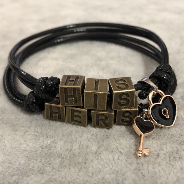 

2pcs/set couple bracelet 'his,hers' letters key lock lovers bracelets, Golden;silver