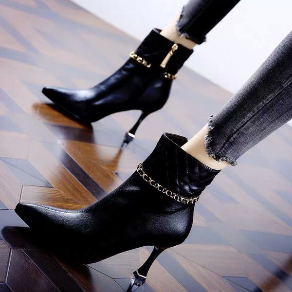 

luxury dress shoes women's 2021 autumn pointed thin metal side zipper high heels fashion boots, Black