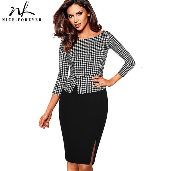 Güzel-sonsuza Sonbahar Sonbahar Retro Houndstooth Patchwork Ofis Elbiseleri İş Bodycon Gömme Kadınlar Elbise BTYB562 210419