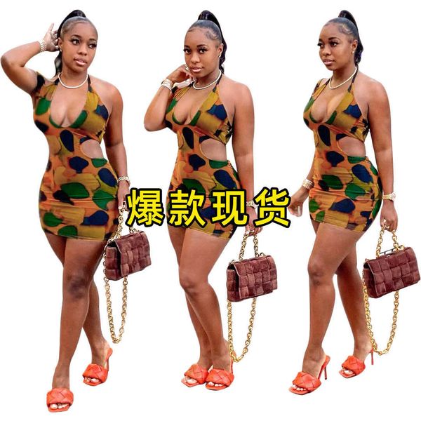 

women's s390175 hollow out waist print sleevels neck strap drs fashion skirt, Black