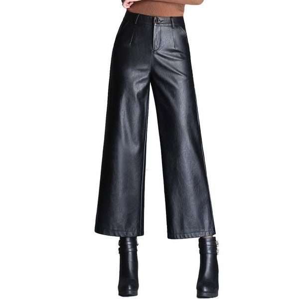 Calças de moda Plus Size Alta Cintura Pu Larga Perna Calças de Tornozelo Mulheres Baggy Black Brilhante Faux Leather Womens Solto Calça Capris