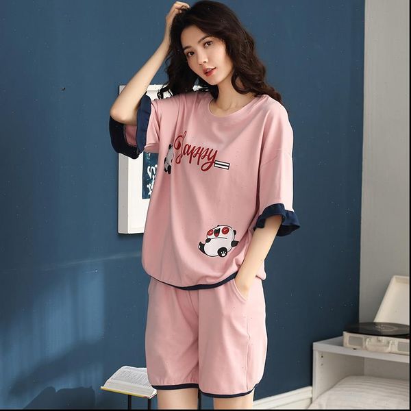

cute panda pattern nightwear pink women sleepwear pajama set summer home wear large size loose leisure clothes for, Black;red