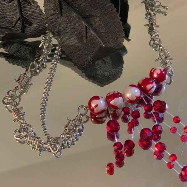 

pendant necklaces creative punk y2k jewelry bloody pearl thorns chains choker necklace exquisite red crystal tassel for women, Silver