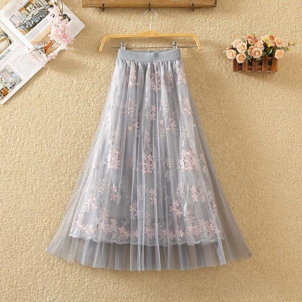 

skirts 2021 summer women's fashion long pleated mesh veil spring embroidery flower sweet fairy a word lace, Black
