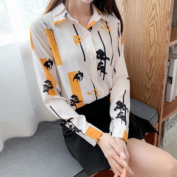 

tree bird print comfortable long sleeve women chiffon office blouse shirt female stylish lady women's blouses & shirts, White
