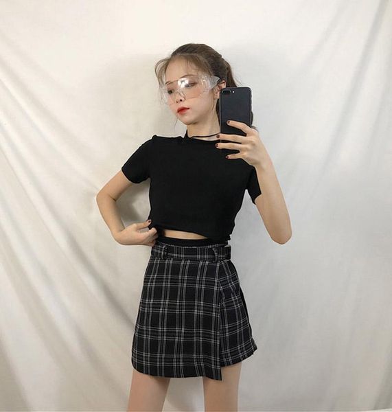 

skirts 2021 summer women skirt plaid a-line high waist casual fashion kawaii student whit shorts, Black