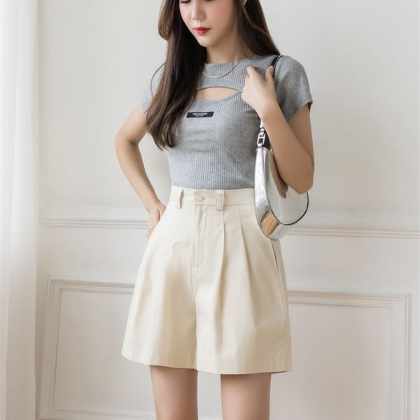 

woman suit shorts solid a-line folds high waist wide leg short pants korean women plus size clothing woman shorts 210507, White;black