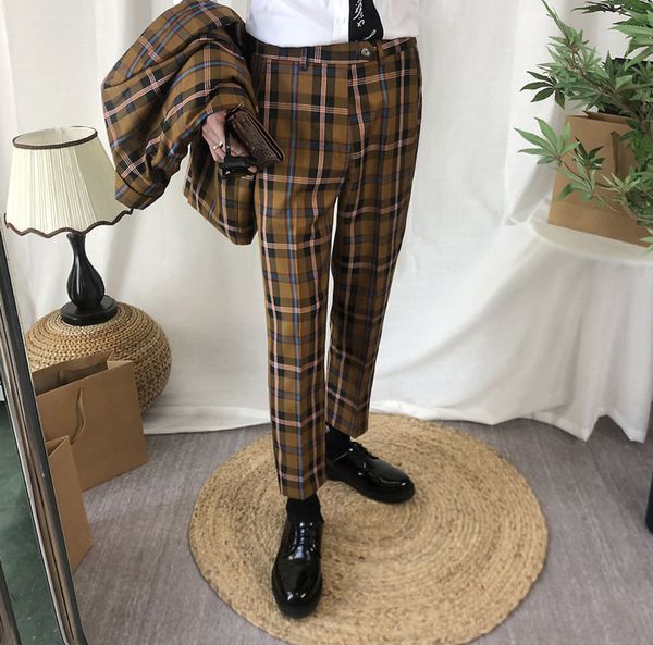 

suits & blazers spring and autumn youth men's personality color matching lattice trousers fashion casual straight pants, White;black