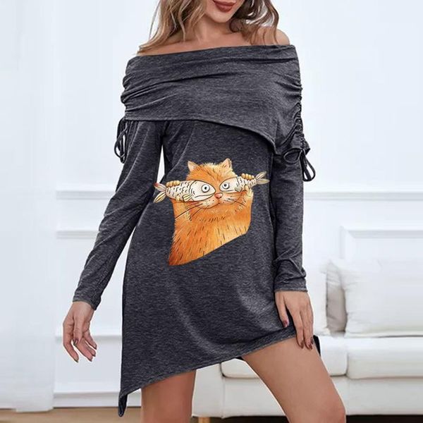 

casual dresses fashion women plus size dress cat print scarf collar pleated winter long sleeve irregular hem party mini vestidos, Black;gray