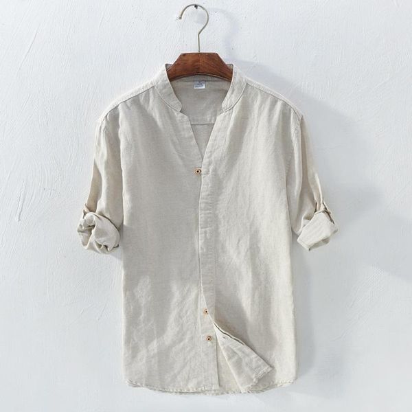 

men's v-neck long sleeve shirt white kahki dark blue summer casual shirts men pure linen for design male 2021, White;black