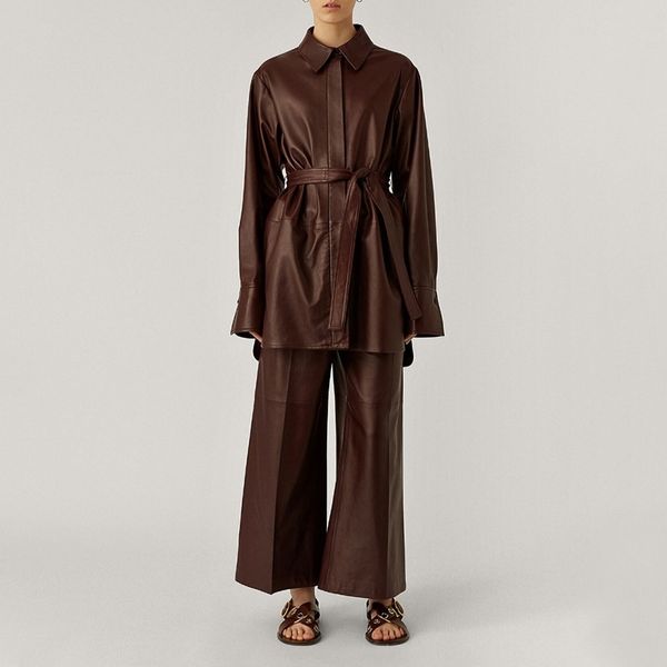 

women's two piece pants set women winter leather coat longline+high waist wide leg ni59, White
