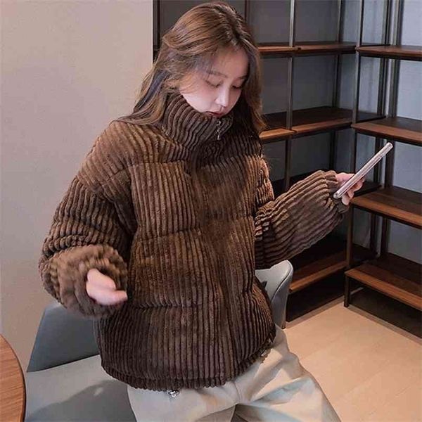 

winter corduroy short jacket women korean style thick zipper cotton parkas woman stand collor warm outwear coats mujer 210922, Black