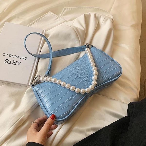 

evening bags pearl chain underarm shoulder for women 2021 stone pattern designer handbags pu leather female crossbody bag