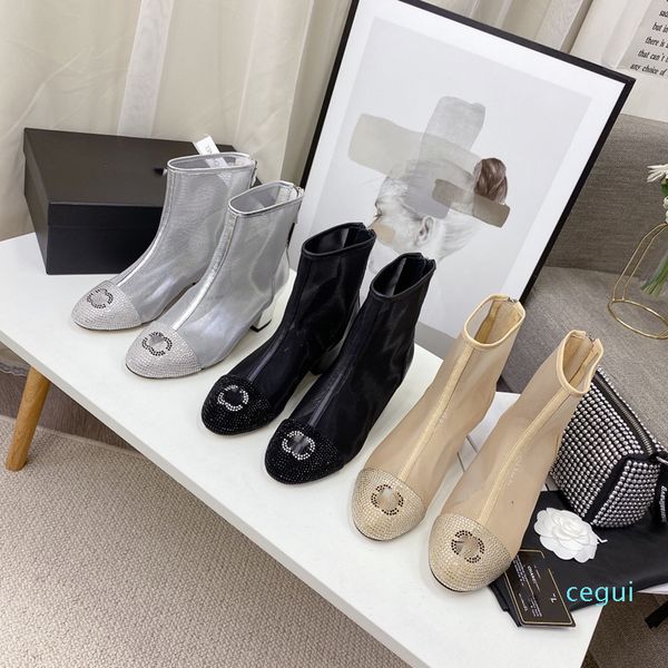 

2021 boots boot women's shoes short martin cool thick heel rhinestone zip high-heeled sandals gauze and versatile french, Black