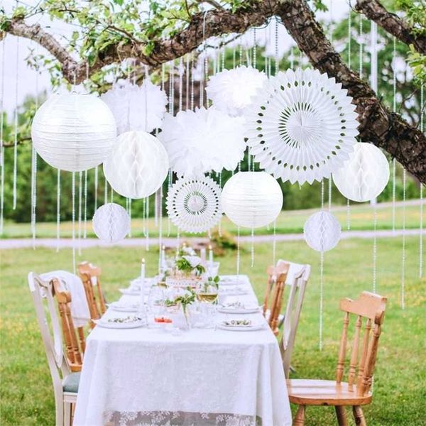 Zarif Beyaz Düğün Dekorasyon Seti 12 adet Kağıt Hayranları Fenerler Petek Topları Pom Çiçek Olaylar Düğün Evlilik Dekorasyon 211216