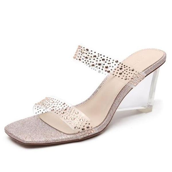 

women sandals pu sequined cloth slip on 6cm thick heel high heels square toe bling shallow sandal shoes 2021 size 35-42, Black