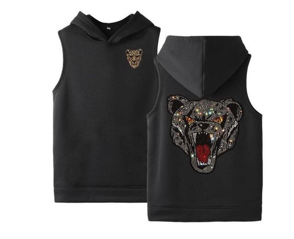 

men' tank rhinestone autumn heavy industry hooded sweatshirt men fashion short sleeves vest with hat, White;black