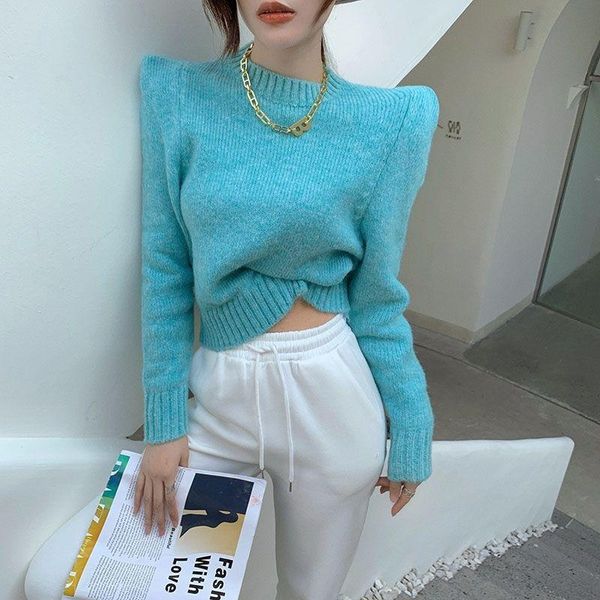 

women's sweaters women loose padded shoulder short knitted long sleeve 2021 female solid sweater autumn winter round neck pullover, White;black