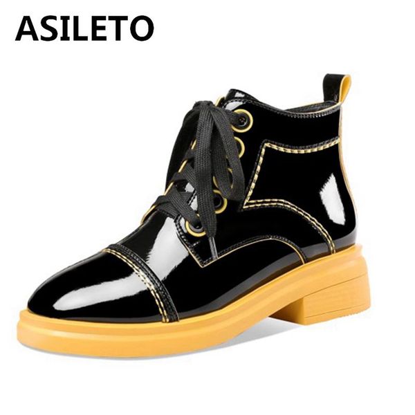 

boots asileto 2021 ladies ankle round toe 4cm block heels patent leather platform candy colors lace-up zip summer a3454, Black