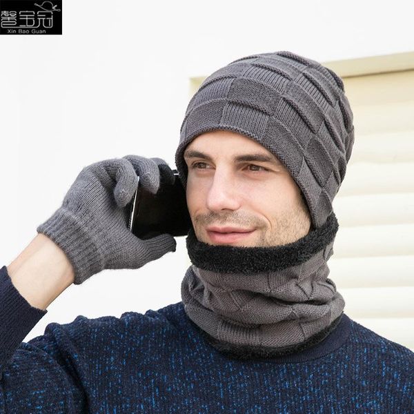 

beanies european and american winter cross border hat, scarf glove, three piece plush knitted men's outdoor warm hat