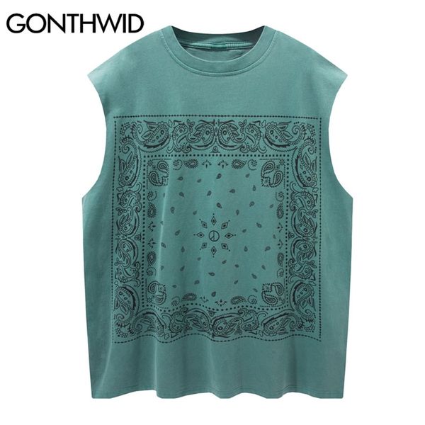 

sleeveless vests streetwear hip hop bandana paisley print tank harajuku fashion casual loose cotton tees shirts 210602, White;black