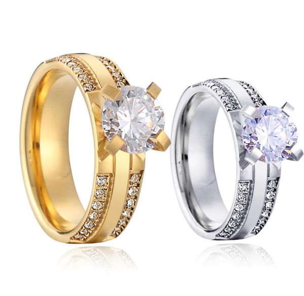 

wedding rings luxury big 1ct cubic zirconia stone marriage engagement for women silver gold color promise proposal couple ring, Slivery;golden