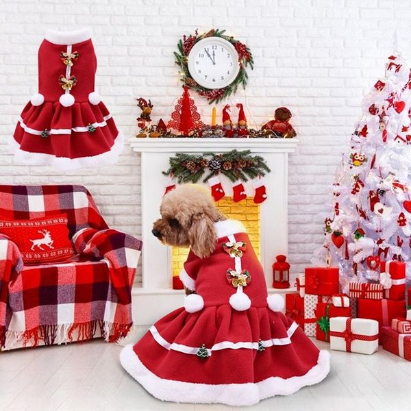 

pet dog warm christmas dress lovely red bow puppy skirt lace cotton xmas costume yorkie chihuahua cat clothes apparel
