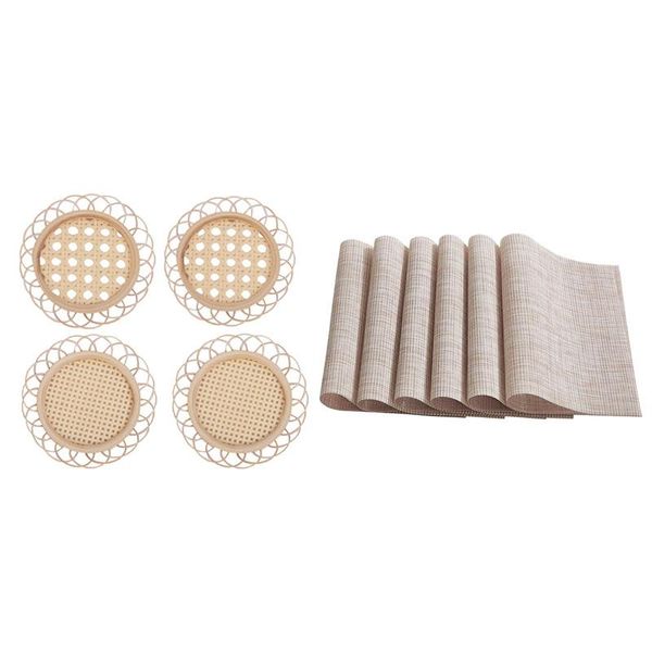 

mats & pads rattan cup holder vintage drink coasters floret shape tea pot placemats with 6pcs beige place