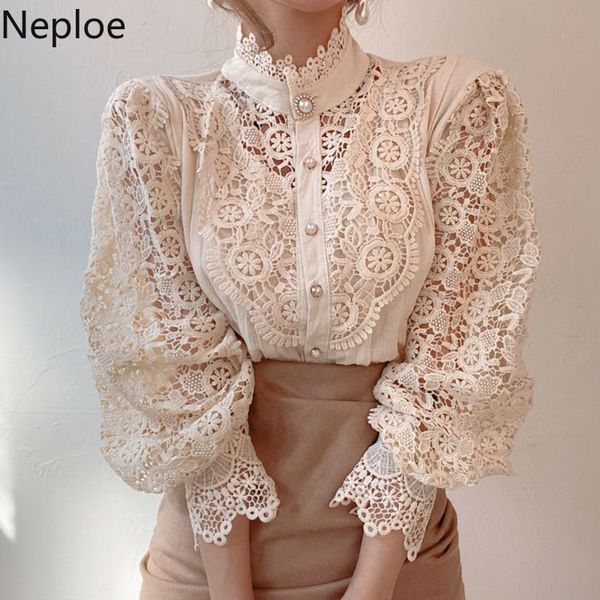 

neploe women shirts korean chic blouses heavy lace hollow out blusas mujer stand neck lantern sleeve elegant blouse 95506 210422, White