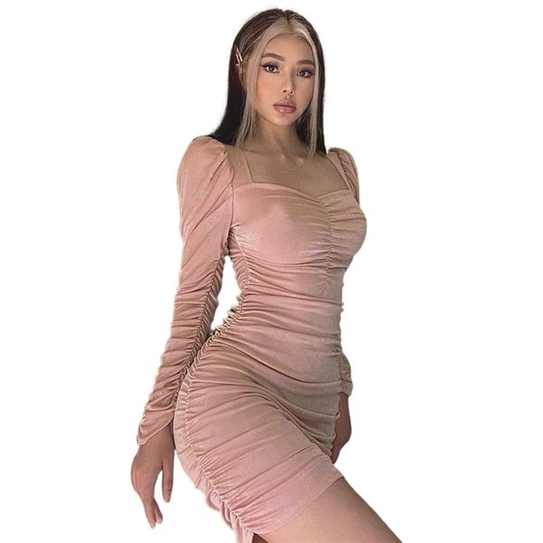 

low-cut square neck ruched long sleeve pullover mini dresses female suede puff bodycon party club outfits for womens 210604, Black;gray