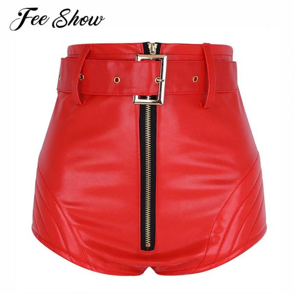 

women's shorts womens wet look pu leather clubwear front zipper women high waist slim fit booty bottoms with belt, White;black