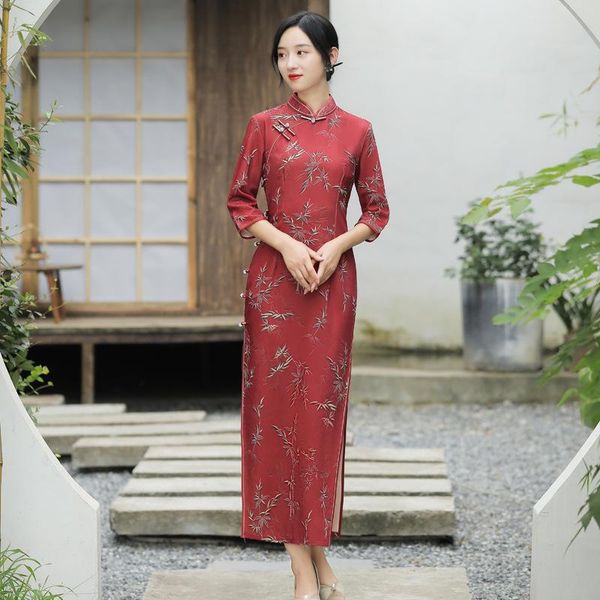 

ethnic clothing women velour high split qipao mandarin collar chinese cheongsam wedding party dress gown big size print vintage vestido, Red