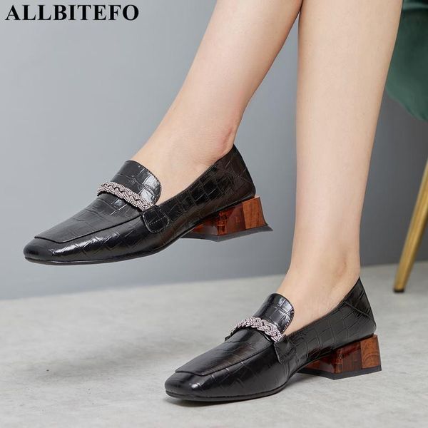 

dress shoes allbitefo full genuine leather brand high heels women rhinestone heel party office ladies, Black