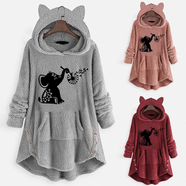 

women's hoodies & sweatshirts womens long sleeve cat ear koala elephant hooded sweatshirt pullovers with button pockets sudaderas mujer, Black