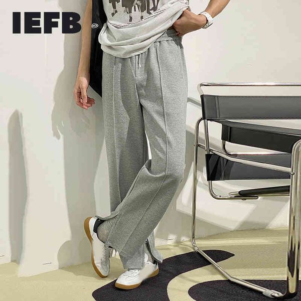 

iefb men's sports casual pants korean fashion loose straight zipper split hem black sweatpants spring summer 9y6916 210524