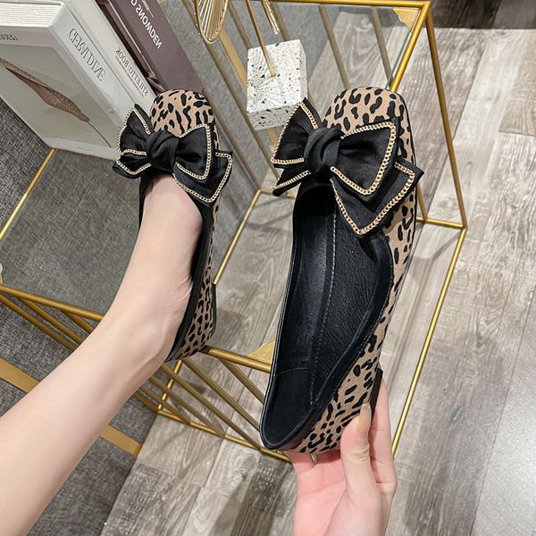 

lolita 2022 spring women leopard ballet flats shoes square toe butterfly knot flats shoes woman plus size ballerinas shoes girls, Black