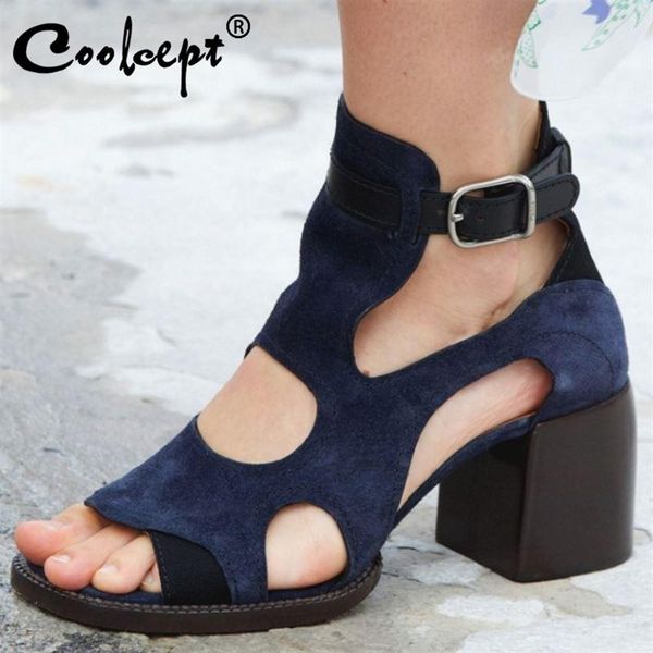 

coolcept women sandals summer shoes real leather high heels peep toe hollow out buckle strap solid color footwear size 34-39, Black
