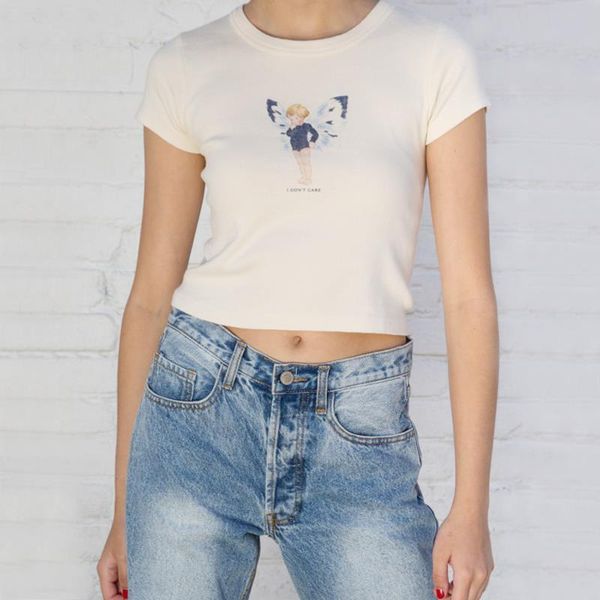 

butterfly fairy print cotton summer womens t shirt short sleeve in beige, White