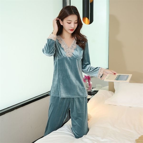 

women pijimas gold velvet warm winter pajamas sets lace robe sleepwear kit soft nightwear -2xl 211106, Black;red