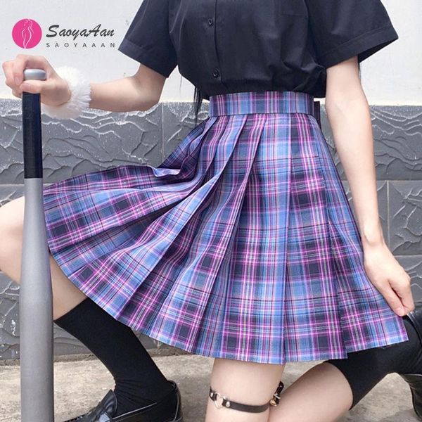 

clothing sets [cyber game girls] girl's high waist pleated skirts plaid women dress for jk school uniform students clothes short/long s, White