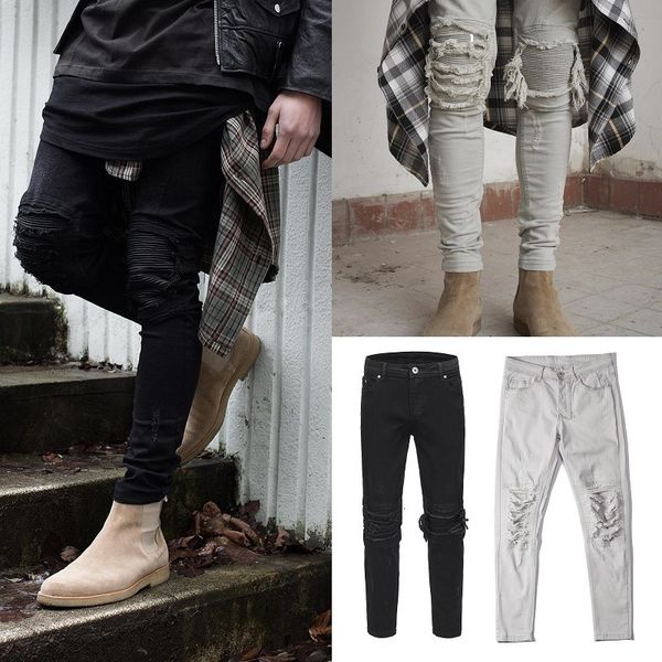 

jeans chaogao street justin bieber the same slim fit black little foot knee hole patch men, Blue