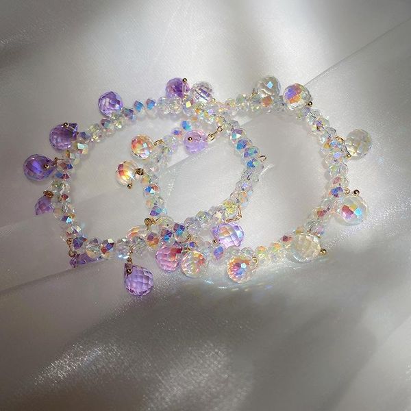 

charm bracelets origin summer 2 colors korean cute clear purple crystal bracelet for women ab color beaded elastic elegant accessories, Golden;silver